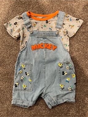Disney Mickey Mouse Denim Overalls Shortalls & Gray Character Tee Set 24M